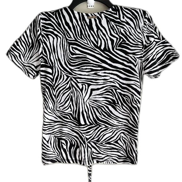 Michael Kors Y2K Top Size S Short Sleeve V Neck Zebra Print String Black White - Picture 10 of 13